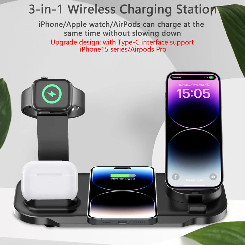 Suporte de carregador sem fio giratório 7 em 1, 30w, para iphone, samsung, xiaomi, apple watch 8, 7, 6, airpods pro, estação de carregamento rápido