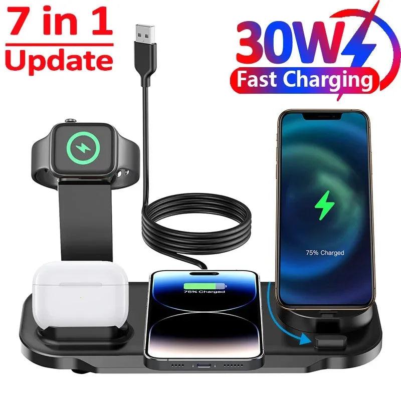 Suporte de carregador sem fio giratório 7 em 1, 30w, para iphone, samsung, xiaomi, apple watch 8, 7, 6, airpods pro, estação de carregamento rápido